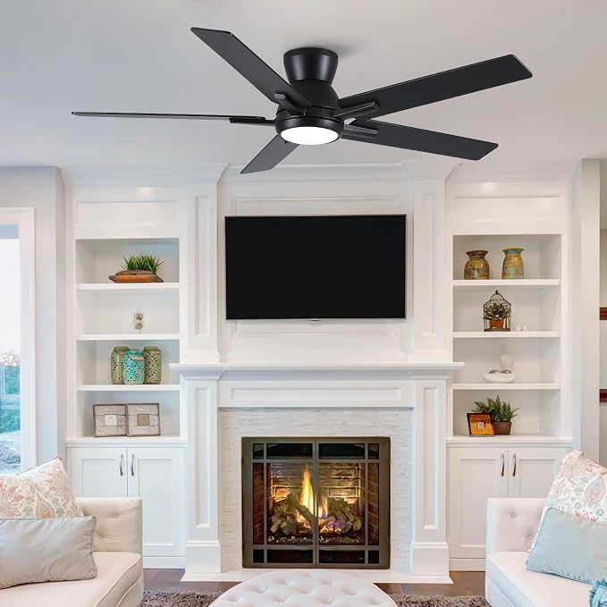 Sevenine 52'' Balck Flush Mount Ceiling Fan with Light & Remote, ETL Listed | 6 Speed, Quiet DC Motor, 3-Level Timer Function, 3 Color Temperature, Forward/Reserve For all Seasons, Indoor/Covered Outdoor