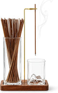 Incense Holder for Sticks, 2 in 1 Glass Incense Burner with Storage, Solid Sapele Wood Base, Removable Mountain Ash Catcher, Vertical Windproof Stand for Outdoor, Meditation (Dark Walnut)