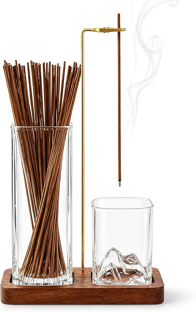 Incense Holder for Sticks, 2 in 1 Glass Incense Burner with Storage, Solid Sapele Wood Base, Removable Mountain Ash Catcher, Vertical Windproof Stand for Outdoor, Meditation (Dark Walnut)