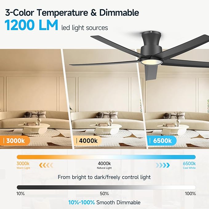 ocioc 52 inch Ceiling Fans with Lights, Large Air Volume Ceiling Fans with Reversible Quiet DC Motor and Remote（Black）