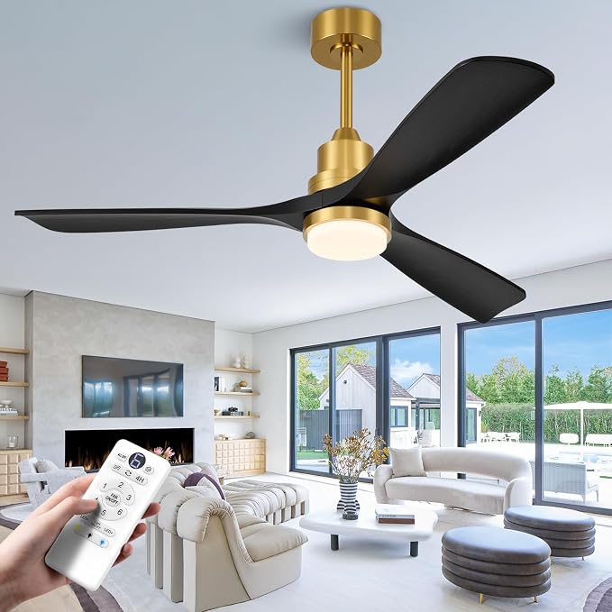 52 inch Smart Ceiling Fan with Lights,Outdoor Ceiling Fan 3 Wood Blades Compatible with Alexa/Gg Voice Control&App&Remote,Quiet DC Motor for Covered Patio Porch Bedroom,Black and Gold