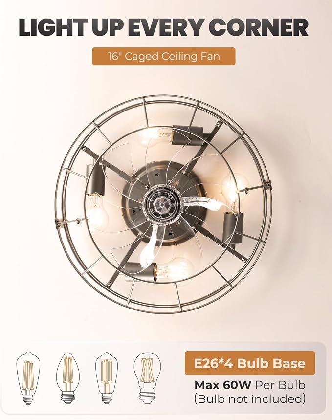 16 Inch Caged Ceiling Fan with Light, Farmhouse Round Flush Mount Fan Lights Ceiling Fixtures, Need Assembly, E26 Base 6 Speeds Reversible Motor Bladeless Ceiling Fans for Bedroom, Living Room, Silver