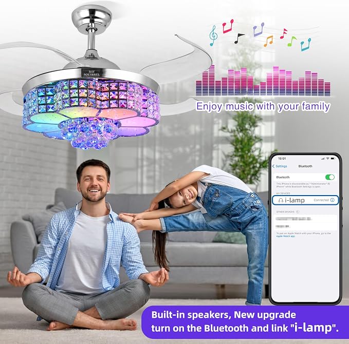 BAYSQUIRREL Retractable Ceiling Fan with Light and Remote/APP Control, Bluetooth Ceiling Fans with Speaker, RGB-LED Light 6 Speeds Reversible Blades,Chandelier Crystal Ceiling Fan with Lights