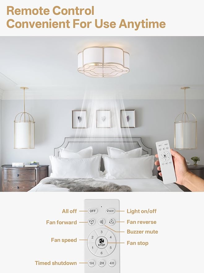20" Boho Ceiling Fan with Lights Flush Mount, Gold Enclosed Ceiling Fans with Lights Remote Control, Caged with 6 Speeds for Bedroom, Living Room, Nursery