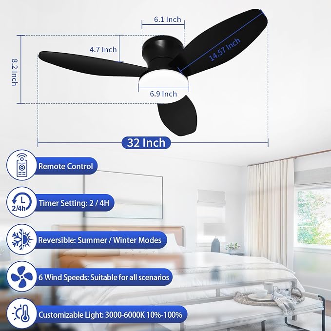 Small Ceiling Fan with Lights and Remote, 32 Inch Flush Mount, Small Quiet, DC Motor, Reversible Blades, 6 Wind Speeds, Dimmable LED, Adjustable Color Temperature, Timer