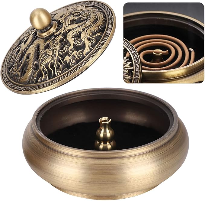 Incense Burner Holder, Antique Brass Dragon Incense Cone Burner with Incense Stick Holder for Cone Incense, Charcoal Disc, Coil Incense, 3.5 x 2.4in