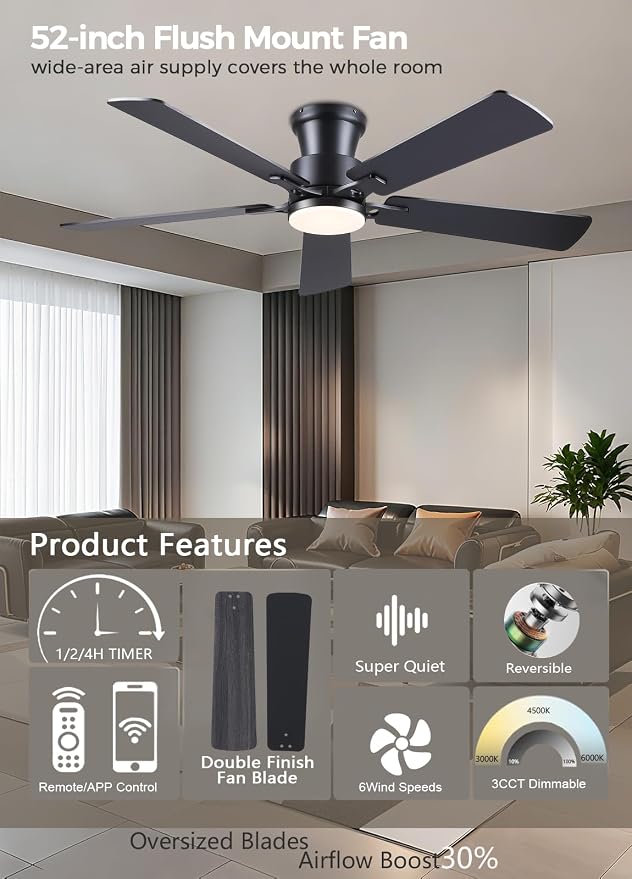 JSAITEE 52" Ceiling Fans with Lights Flush Mount Low Profile, Black | Ceiling Fans with Lights Flush Mount Ceiling Fan,Low Profile,Reversible Motor,3CCT Dimmable,Noiseless, 6 Speeds, Black Modern