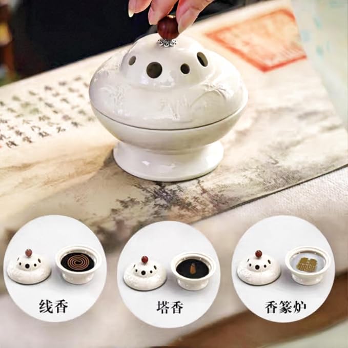 Ceramic Incense Burner - Creamy White insence Holder for Frankincense, Bakhoor, Charcoal, Stick, Powder, Cone, Coil, and Tower Incense