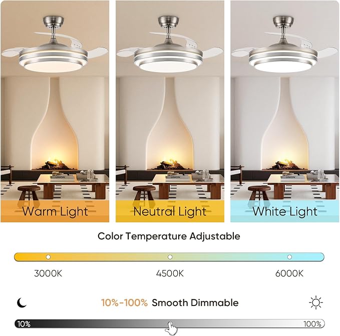 FIDGRA 42 Inch Fandelier Ceiling Fan with Light, Retractable Ceiling Fan with Lights for Bedroom Living Room Dinning Room, Chandelier with Fan 6 Speed, 3 Color Temperature-Brushed Nickel