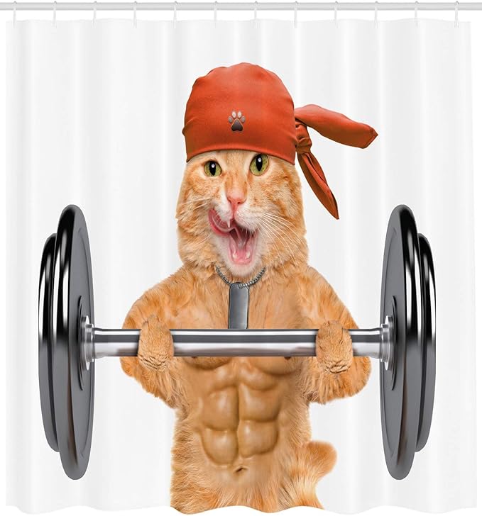Ambesonne Funny Shower Curtain, Fitness Cat Lifting a Big Dumbbell Muscled Kitty Body Building Gym Humor Image, Cloth Fabric Bathroom Decor Set with Hooks, 69" W x 75" L, Brown Grey