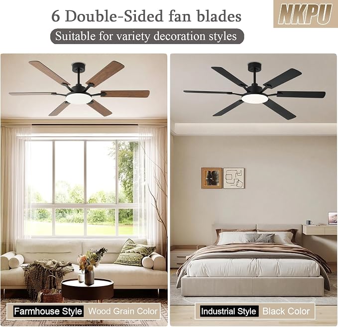 60 Inch Ceiling Fans with Lights, Large Modern Brown Ceiling Fan with Light and Remote Control, 6 Double Sided Blades, 6 Speed Reversible Motor, Dimmable LED, Silent Timing, Indoor Outdoor Patio Use