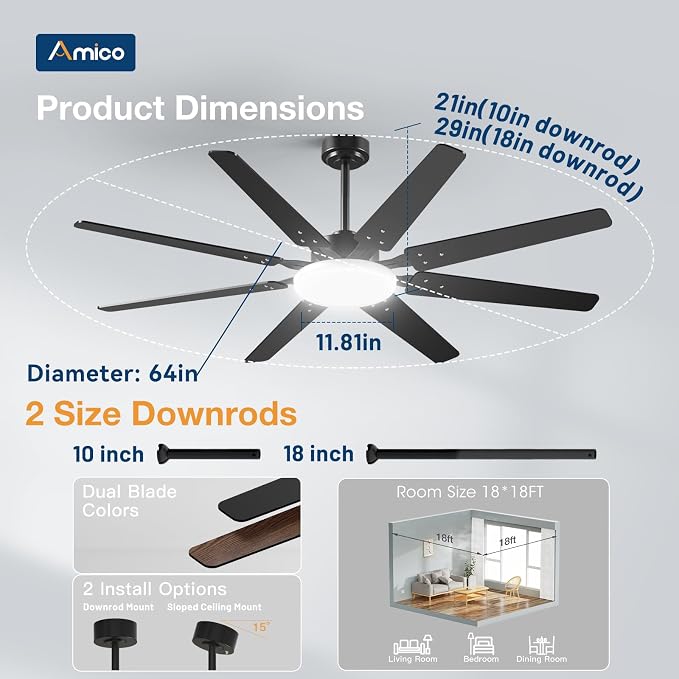 Amico 64 inch Ceiling Fans with Lights,Large Ceiling Fan with Light and Remote Control, Dimmable, 6 Speed Reversible Quiet DC Motor, Black Modern Ceiling fan For Living Room, Kitchen, Patio