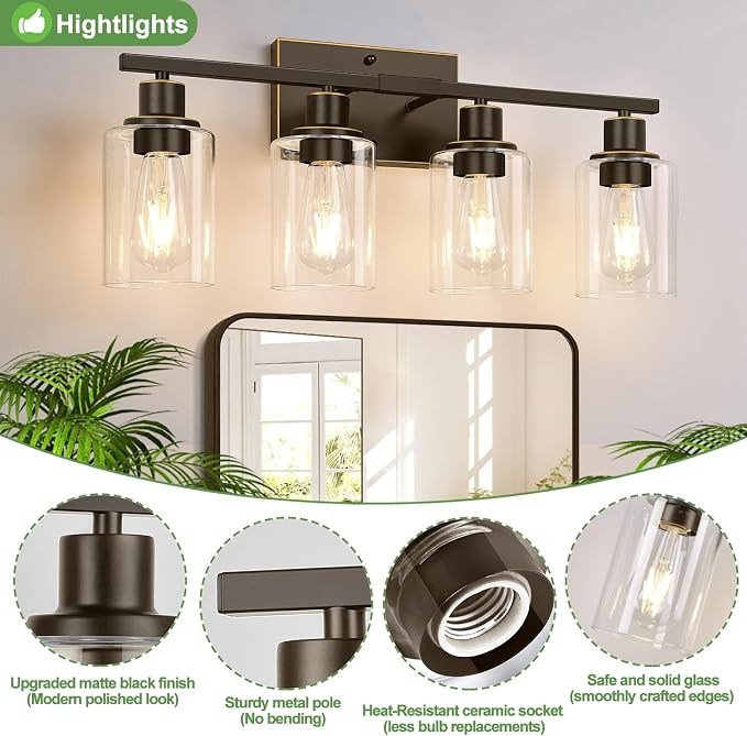 Indoi 4-Light Bathroom Light Fixtures, Oil-Rubbed Bronze Modern Vanity Lights with Clear Glass Shades, Bathroom Wall Lamp for Mirror Living Room Cabinet Bedroom Porch