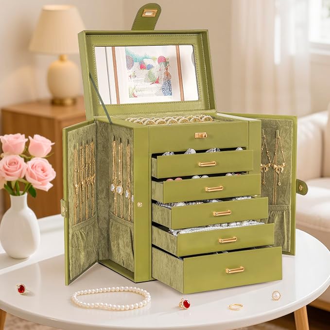 AKOZLIN 6-Tier Jewelry Box Organizer Functional 5 Drawers Leather Jewelry Storage Case for Women Girls Ring Necklace Earring Bracelet Holder Organizer with Mirror Medium Green