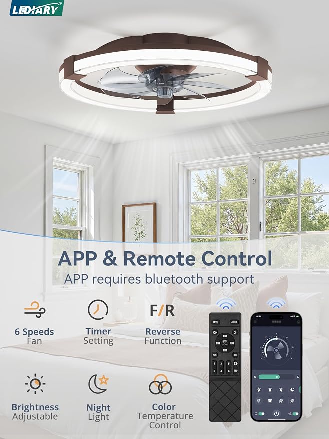 LEDIARY Ceiling Fans with Lights, 19.7 Inch Low Profile Ceiling Fan with Remote, 6 Speeds, Reversible, Dimmable Flush Mount Fan Light, Modern Fandelier Ceiling Fan with Lights for Bedroom, Brown