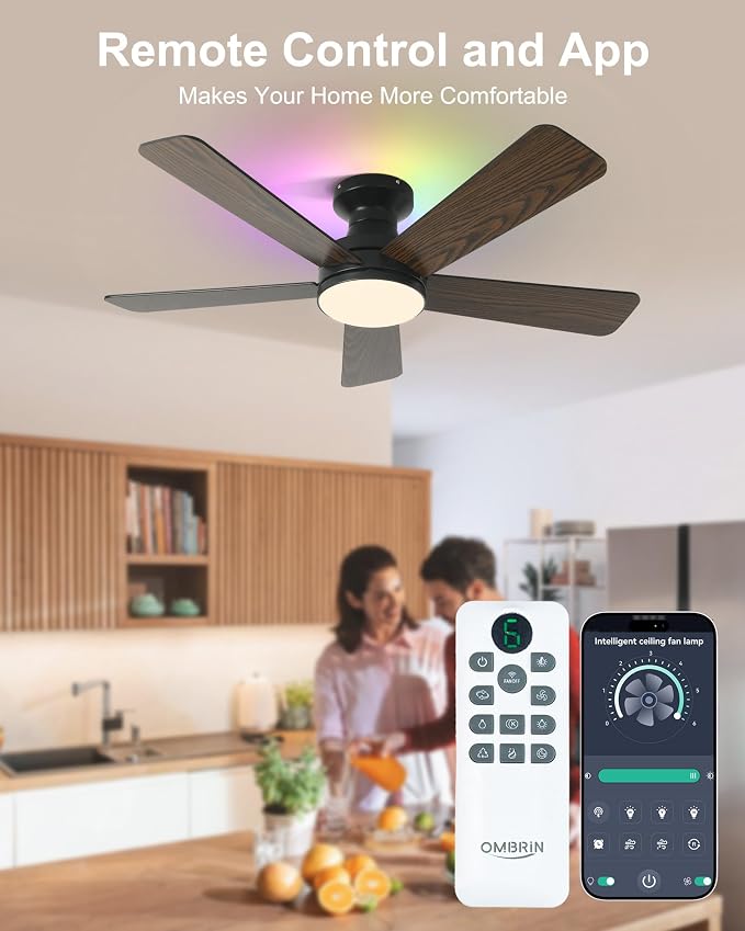 42 Inch Ceiling Fans with Lights, RGB Ceiling Fan with Light, App&Remote Control, Flush Mount Low Profile, Reversible, 3CCT, Dimmable LED, Noiseless, Black Ceiling Fan for Bedroom