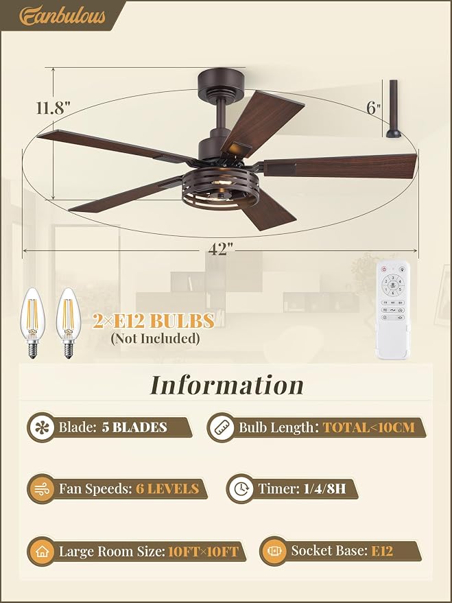 Fanbulous Farmhouse Caged Ceiling Fans with Lights and Remote, 42 Inch Oil Bronze Bedroom Ceiling Fans for Living Room Kitchen，6 Speed Reversible Quiet DC Motor, Dual Finish 5 Blades