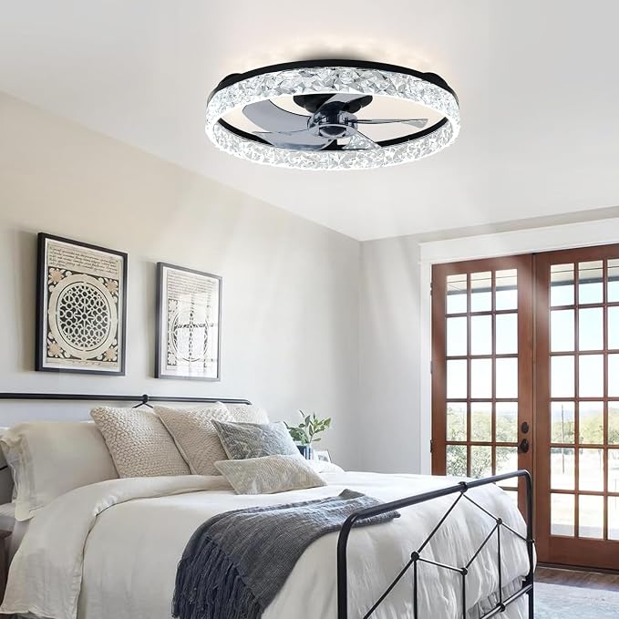 Depuley Bladeless Ceiling Fans with Lights: Full Package 20" Black Modern Low Profile Flush Mount Ceiling Fan with App&Remote - Bedroom Enclosed Crystal Fandelier for Apartment Loft Kitchen