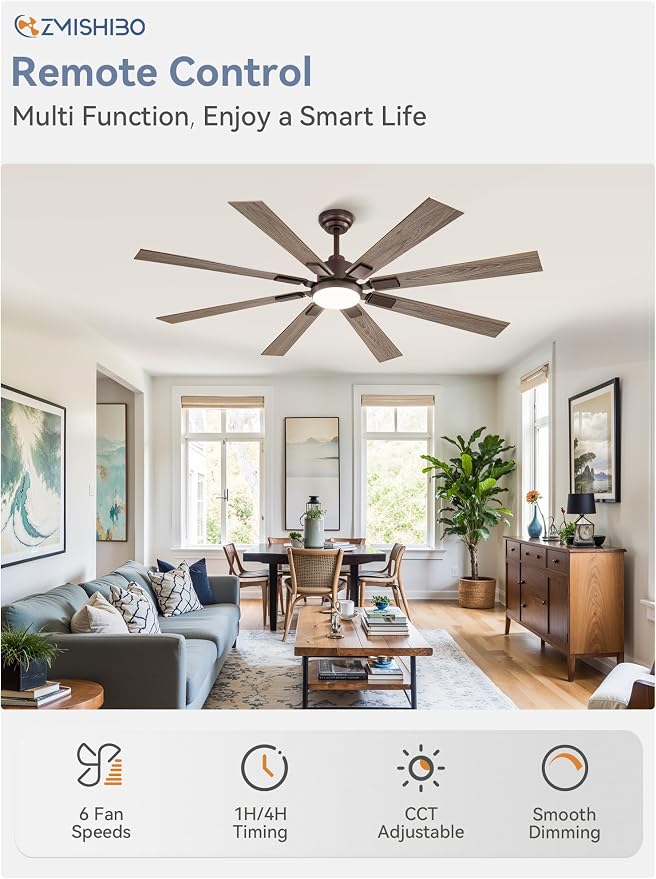ZMISHIBO 65 Inch Ceiling Fans with Lights and Remote, Bronze Large Ceiling Fan with 3000-6000K Dimmable, Quiet Reversible DC Motor, 6 Speeds, 8 Blades Indoor/Outdoor Ceiling Fan for Patios Living Room