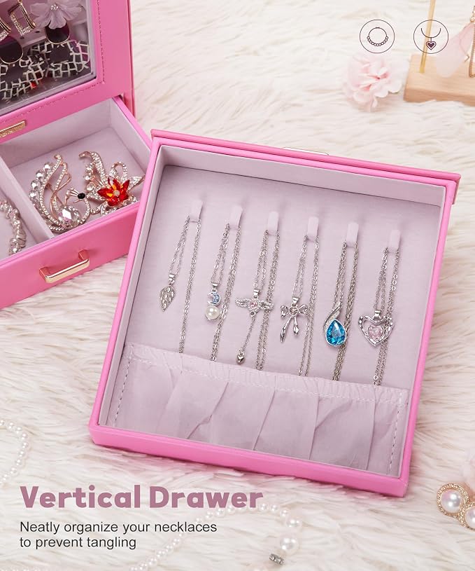 Homde Display Jewelry Box for Girls: Starter Organizer with Clear Window | Vertical Drawers for Earrings Rings Necklaces - Compact Footprint Fits Small Vanities - Birthday&Graduation Gift for Teens