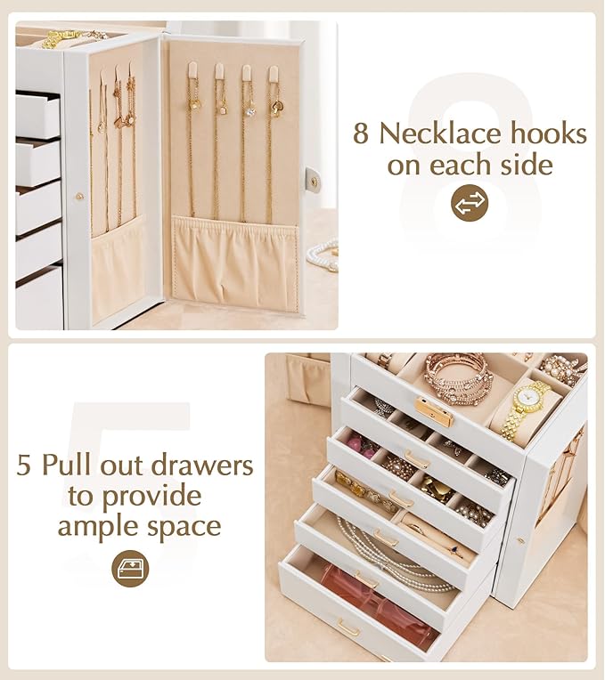 Homde Jewelry Box Large for Women: 6 Layers 5 Drawers Organizer with Mirror for Ring Earring Necklace - Storage Holder with Lock for Dresser - Ideal Gift Case (White)