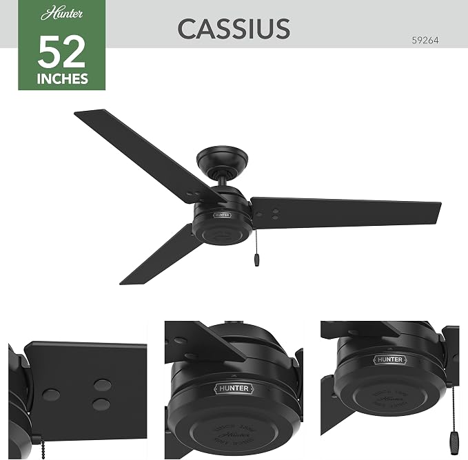 Hunter Cassius, Outdoor or Indoor, Ceiling Fan, 52 inch, Matte Black | No Light, Standard Mount, Pull Chain, 3 Blades, For Living Room, Patio, Porch, Garage, 59264
