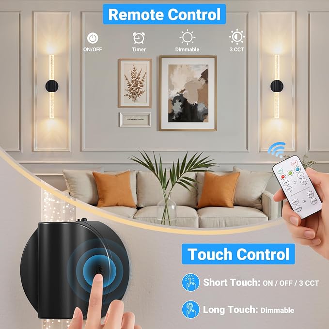 Peel and Stick on Black Battery Operated Wall Sconces Set of 2, Rechargeable Magnetic Wireless Wall Lights for Bedroom, Long Picture Vanity Wall Lamps with Remote&Touch Control, 3CCT&Dimmable Sconces