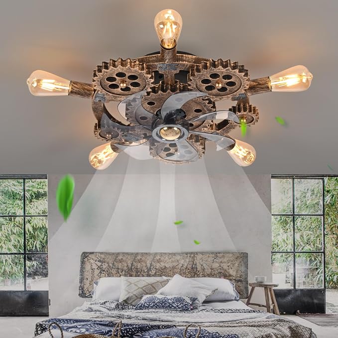 20" Retro Industrial Steampunk Ceiling Fans with Lights and Remote,Low Profile Flush Mount Bladeless Ceiling Fan with Light,Nautical Style 6 Speeds for Bedroom Kitchen Island Bar Cafe