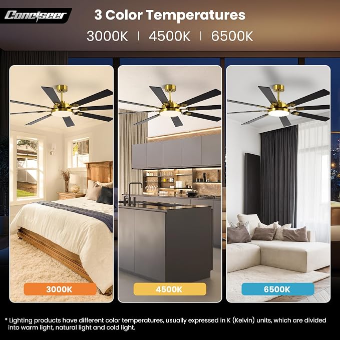 72 Inch Ceiling Fans with Lights and Remote, Dual Color 8 Blades, Bedroom Living Room Office Library Cafe Outdoor Industrial, 3CCT Dimmable, 6 Speed Reversible Quiet DC Motor, Gold/Wood Grain
