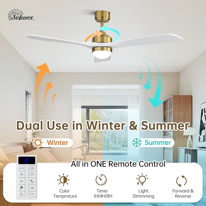 Sofucor 52" Smart Wood Ceiling Fans Lights, Flush Mount & Downrod Mount, 3 Wood Blades Modern Outdoor Ceiling Fans with Alexa/Google Assistant/APP/Remote Control for Bedroom, Farmhouse, Patio, Indoor