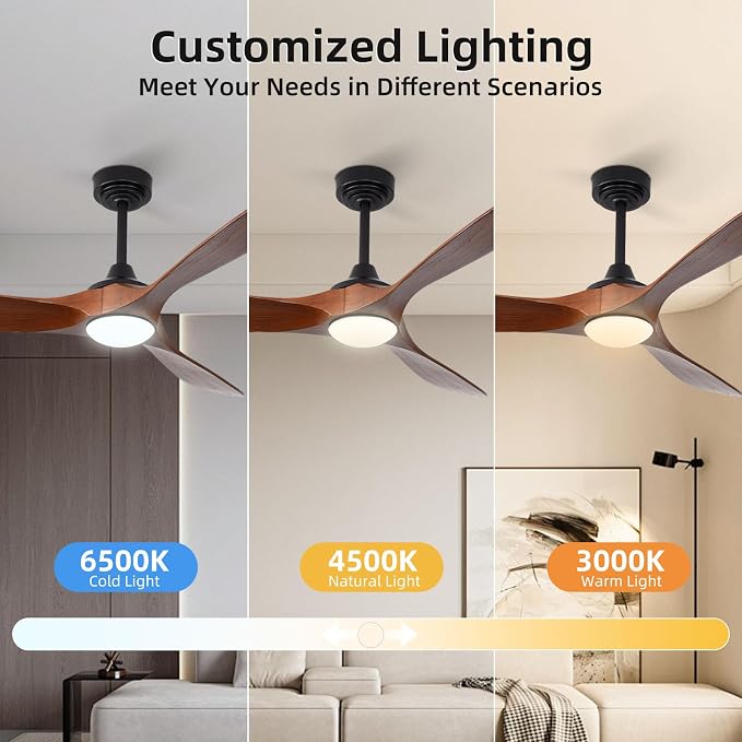 52” Outdoor Ceiling Fan with Light and Remote via WiFi Alexa, 3 Walnut Solid Wood Blade, Noiseless Reversible Dc Motor, Smart Outdoor Wood Ceiling Fan for Farmhouse Patios, Walnut