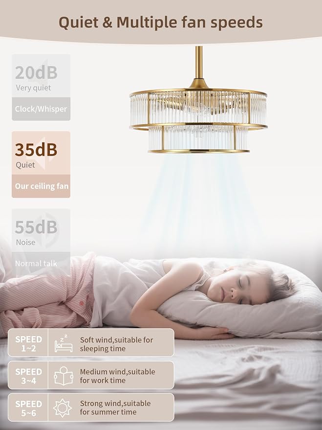 Copper Fandelier Ceiling Fans with Lights, 20" Copper Crystal Chandelier Ceiling Fan with Light Remote Control, Caged Mid Century with 6 Speeds for Bedroom, Living Room, Nursery
