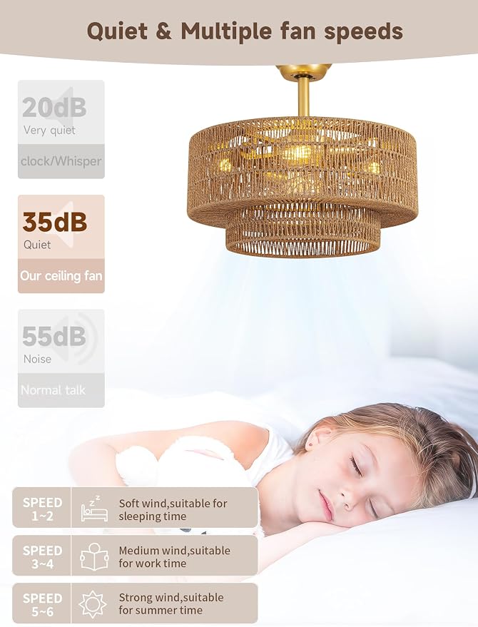Boho Caged Fandelier with Lights Flush Mount Rattan Ceiling Fan with Lights and Remote Control, Enclosed 6 Speeds Low Profile Fan Light for Bedroom, Living Room, Kitchen