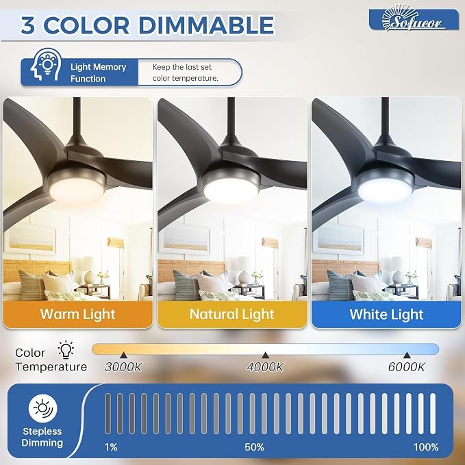 Sofucor 52 Inch Ceiling Fan with Light, Outdoor Black Ceiling Fan with Lights Remote Control Airflow 6000CFM 3 CCT Dimmable 3-Timer ABS 3 Blades Reversible DC Motor for Living Room Bedroom Patio