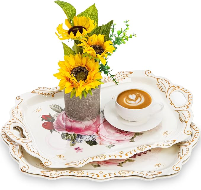 DEAYOU 3-Pack Melamine Serving Tray, Stackable Food Tray with Handles for Eating, Unbreakable Large Serving Platter with Floral Print for Gift, Party, Decor, Home, Restaurant, 16"L x 11"W, Rectangle