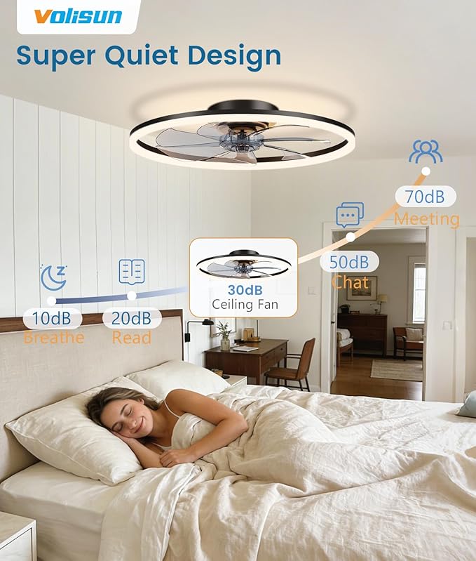 VOLISUN Low Profile Ceiling Fans with Light and Remote, No Assembly, 24in Fandelier Ceiling Fan with Lights, 3000K-6500K Dimmable Flush Mount LED Fan Light, Black Bladeless Ceiling Fans for Bedroom