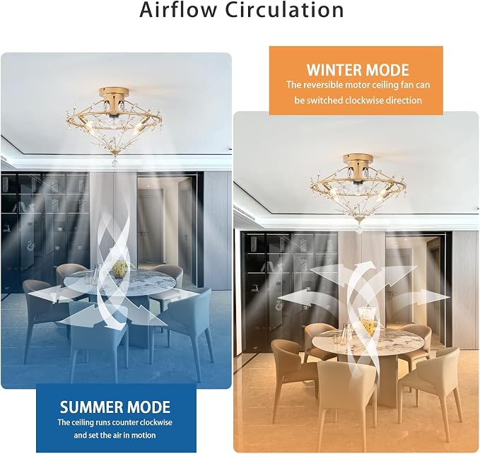 Ganeed 23.6 Inch Gold Crystal Fandelier Ceiling Fan with Light, Chandelier Ceiling Fan with Lights Remote Control, Modern Crystal Fandelier 6 Speeds for Girl's Bedroom Nursery Living Room Kitchen