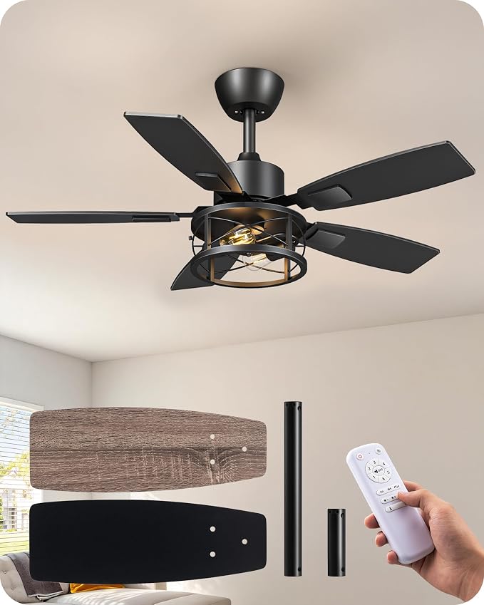 EDISHINE 42" Farmhouse Ceiling Fans with Lights and Remote, 10%-100% Dimmable, 6 Speeds, 5 Wood Blades, Reversible DC Motor, Timer, Quiet, Rustic Caged Fandelier Ceiling Fan for Bedroom Living Room