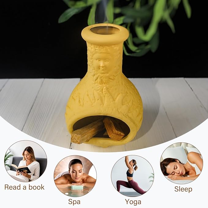 MOUGIGI Palo Santo Burner Holder,Yellow Mini Chiminea with Chimney Handmade Smudge Bowl fits sage, Incense Cones, Sticks, Small Candle; with ash Collection. Great for Zen Meditation, Altar Fireplace