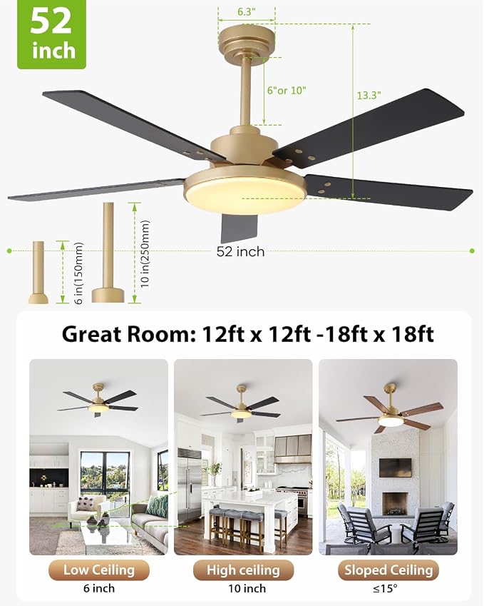 52 Inch Gold Ceiling Fans with Lights and Remote/APP, Modern Sleek Black and Gold Ceiling Fan, ETL Listed, Indoor Smart Black Ceiling Fan for Home Decoration Bedroom Living Room, 3CCT, 6 Speeds