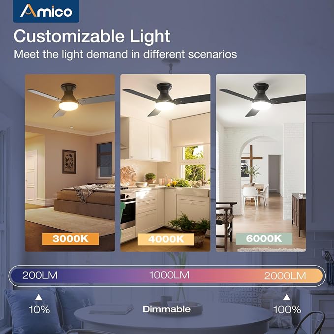 Amico 2 Pack Ceiling Fans with Lights, 42 inch Low Profile Ceiling fan with Light and Remote Control, Flush Mount, Reversible, 3CCT, Dimmable, Noiseless, Black Ceiling Fan for Bedroom, Indoor/Outdoor