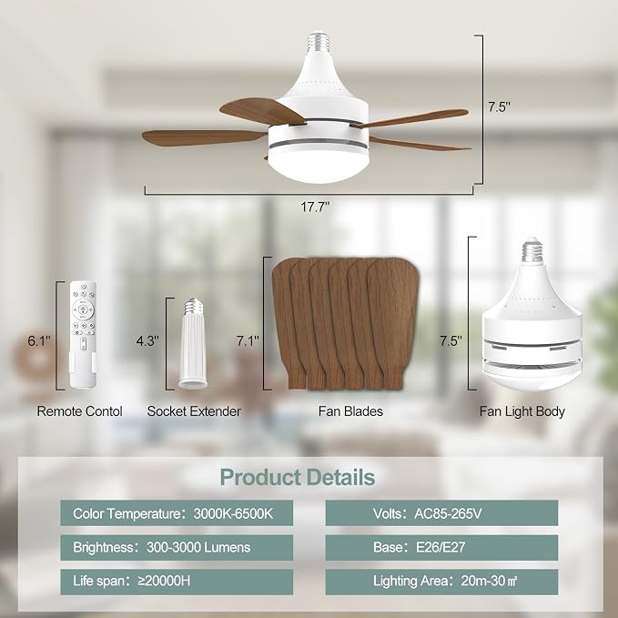 17.7" Socket Fan Light, E26/E27 Light Bulb Fan with Reversible Motor, 3000 Lumens Small Ceiling Fans with Lights and Remote, Dimmable 3000K-6500K for Bedroom Kitchen Living Room Garage