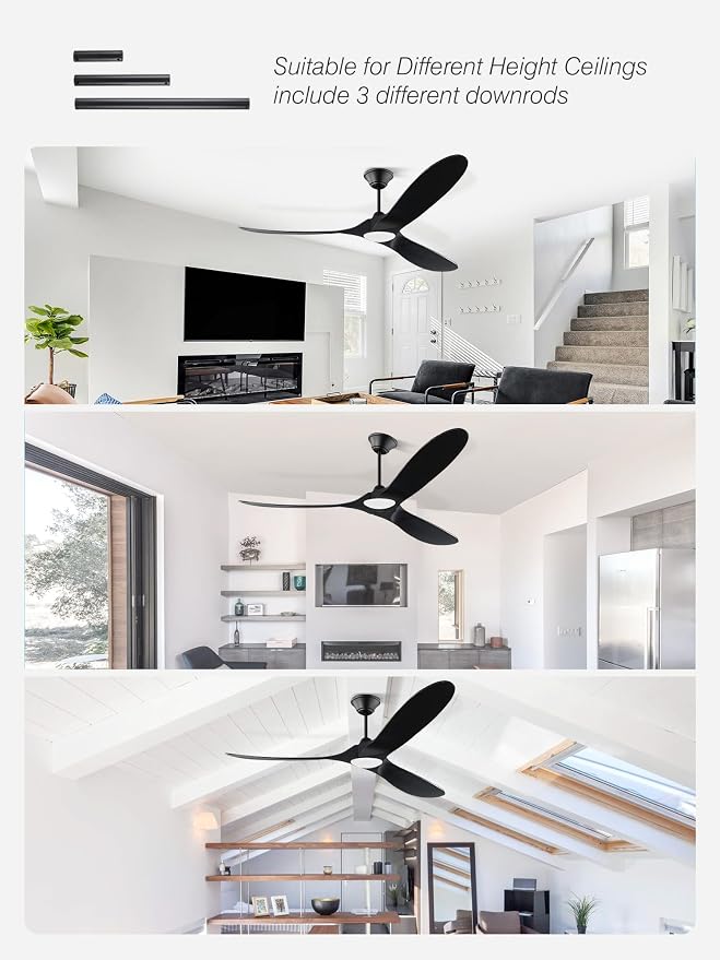 60 inch Outdoor Ceiling Fan for Patios with Light, Black Ceiling Fan with Light, Large Airflow 3 Reversible Solid Wood Blades, DC Motor, Damp Rated Ceiling Fans for Famhouse Exterior Porch