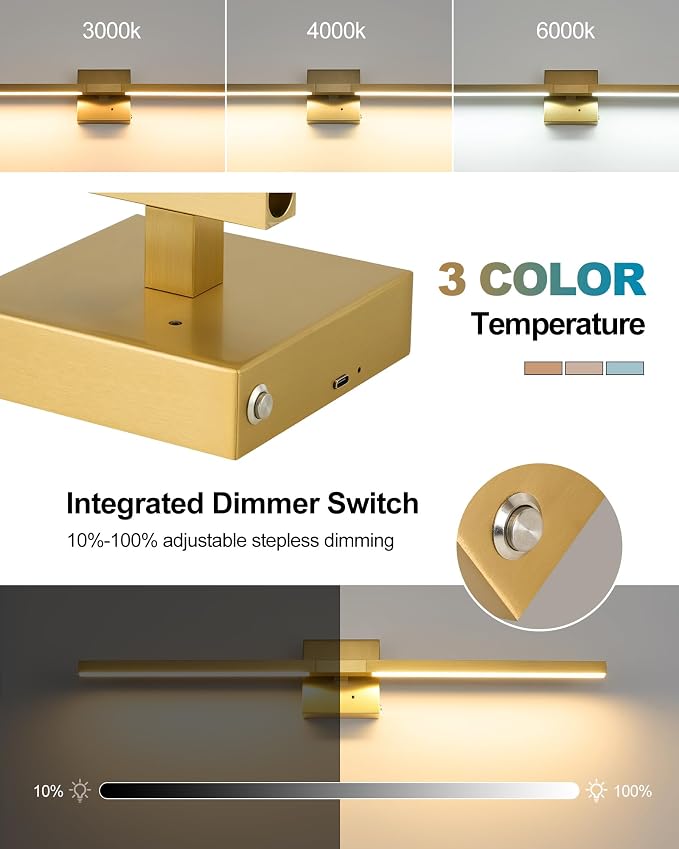 Rayogale Gold Battery Operated Wall Sconces with Remote Control | 3000/4500/6000K Dimmable 8000mAh Wireless Rechargeable Wall Sconces Set of Two with Timer for Living Room, Bedroom, 24 Inch