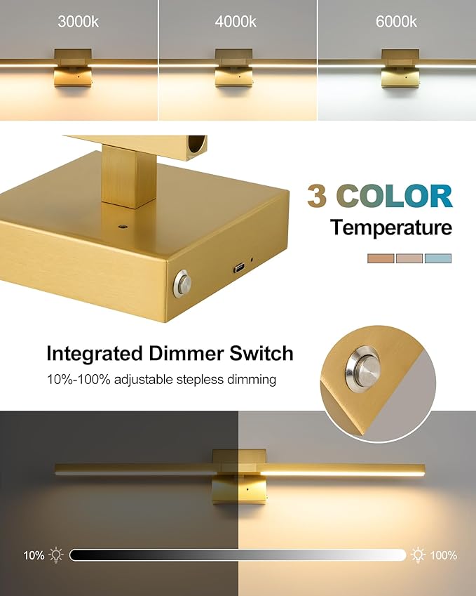 Rayogale Gold Battery Operated Wall Sconces with Remote Control, 32 Inch | 3000/4500/6000K Dimmable 8000mAh Rechargeable Battery Wall Sconces Set of Two with Timer for Living Room, Bedroom