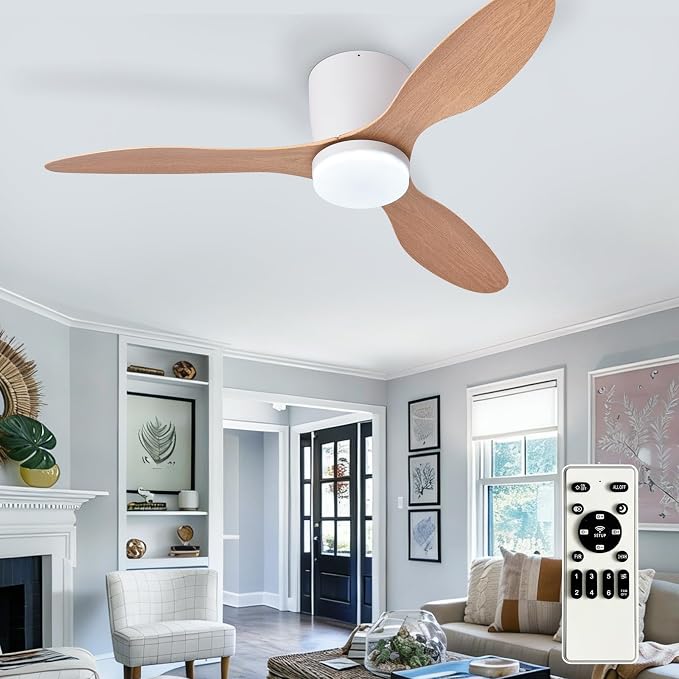 Depuley Flush Mount Ceiling Fan: 42-Inch White Ceiling Fans with Lights for Bedroom Indoor Outdoor - Low Profile Ceiling Fans with Remote Control 24W 3CCT Dimmable 3 Reversible Wood Blades 6 Speeds