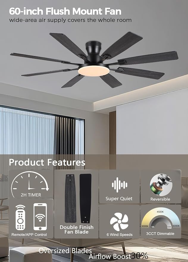 JSAITEE 60Inch Ceiling Fan with Lights Flush Mount Low Profile,Dark Grey | Ceiling Fans,DC Reversible Motor Noiseless, 3CCT Dimmable, Dual Finish, 6 Speeds Ceiling Fan for Indoor/Outdoor