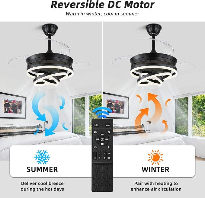 Retractable Ceiling Fan with Lights,Dimmable,6 speeds,DC Motor,36 inch Modern DIY Black Ceiling Fan with Lights Remote Control for Bedroom Living Room Kitchen