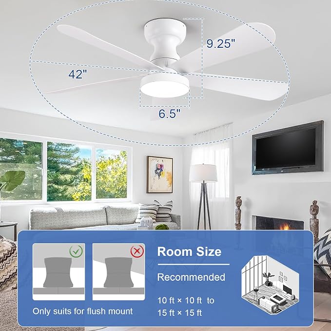 Depuley Small Ceiling Fan with Lights: 42-Inch Flush Mount Fan with Light and Remote - White Low Profile Ceiling Fans Reversible Quiet DC Motor for Bedroom Living Room Indoor Outdoor