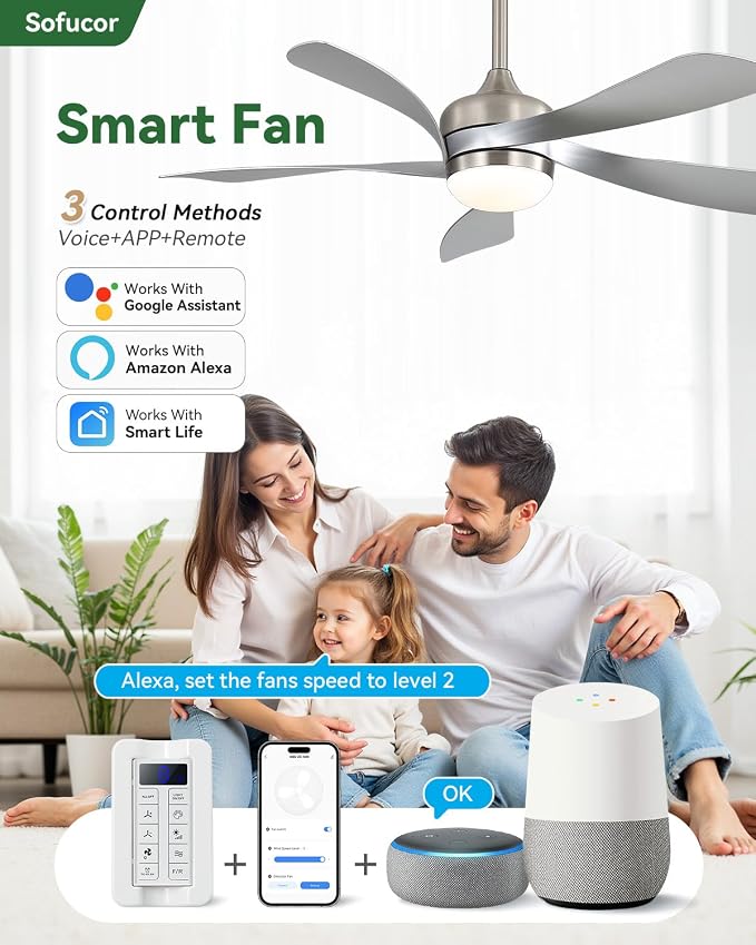 Sofucor 42" Smart Ceiling Fan, Indoor/Outdoor Ceiling Fans with Lights and Remote, Works with App/Alexa/Google, 3-Color Light 6-Speed Timing Reversible DC Motor for Bedroom Living Room Patio